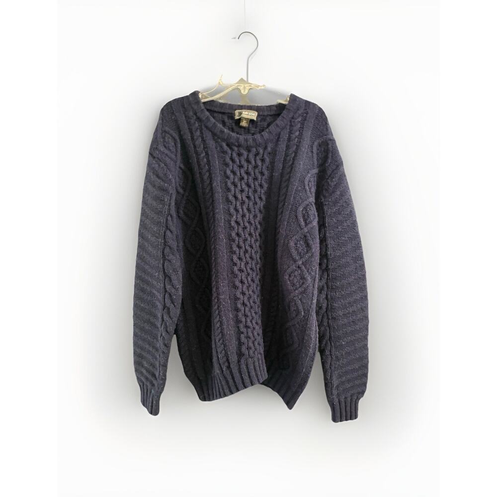 Loft 604 Men’s Natural Cable Knit Wool Navy Blue Fishermans Sweater Size Large